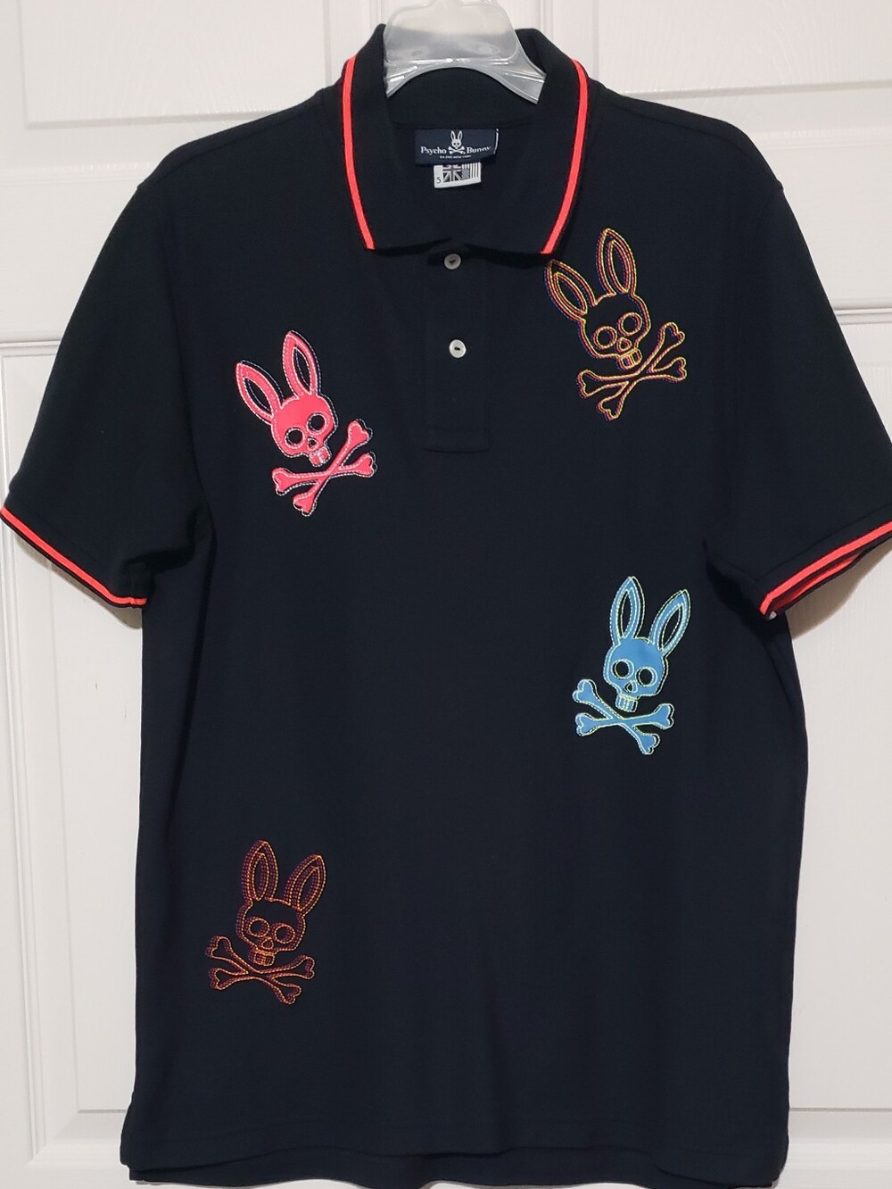 Psycho Bunny Black Polo with Neon Bunny Skull Patches